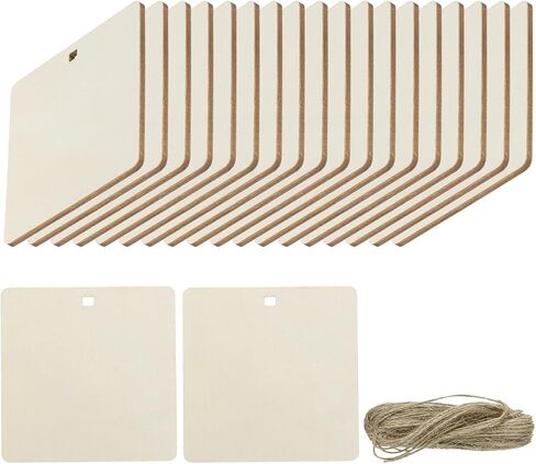 uxcell 20pcs Rounded Rectangle Blank Wood Tags with Hole 4 x 4 Inch Unfinished Wood Pieces Wooden Gift Tags with 32.8 Ft Rope for Craft Projects, Hanging Decorations, Gift Making in Saudi Arabia