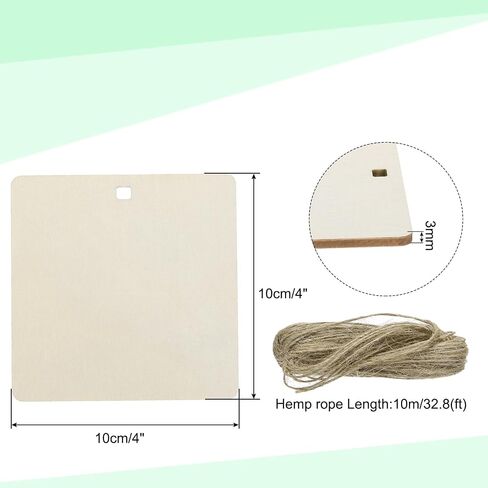 uxcell 20pcs Rounded Rectangle Blank Wood Tags with Hole 4 x 4 Inch Unfinished Wood Pieces Wooden Gift Tags with 32.8 Ft Rope for Craft Projects, Hanging Decorations, Gift Making in Saudi Arabia