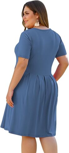 AUSELILY Women's Plus Size Round Neck Pleated Swing Dress with Pockets Knee Length in Saudi Arabia