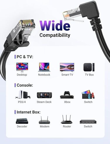 JUXINICE 2Pack 90 Degree CAT6 Ethernet Cable Black 10FT(leftward+Rightward) Combo,Right Angle CAT 6 Ethernet Patch Cable Gigabit RJ45 Network Cable，Bandwidth up to 250MHz 10Gbps in Kuwait