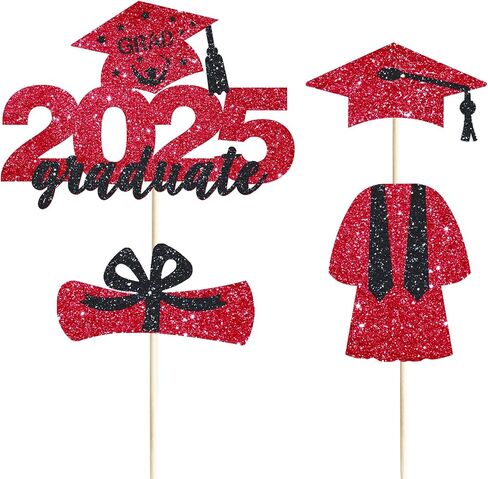 4 Pcs 2025 Graduate Cake Topper Red Glitter Congrats Grad Cake Topper Class of 2025 Cake Decor for 2025 Senior High School/College/University Happy 2025 Graduation Party Supplies Decorations in Saudi Arabia
