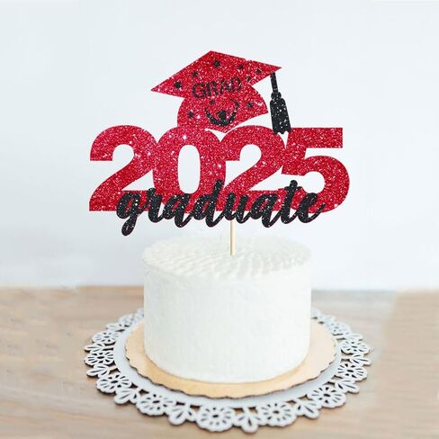 4 Pcs 2025 Graduate Cake Topper Red Glitter Congrats Grad Cake Topper Class of 2025 Cake Decor for 2025 Senior High School/College/University Happy 2025 Graduation Party Supplies Decorations in Saudi Arabia