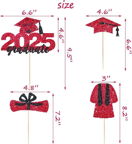 4 Pcs 2025 Graduate Cake Topper Red Glitter Congrats Grad Cake Topper Class of 2025 Cake Decor for 2025 Senior High School/College/University Happy 2025 Graduation Party Supplies Decorations in Saudi Arabia