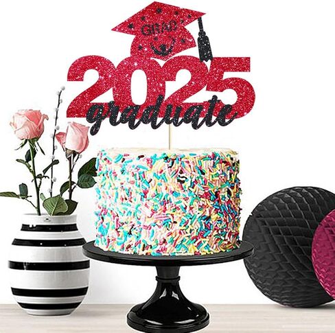 4 Pcs 2025 Graduate Cake Topper Red Glitter Congrats Grad Cake Topper Class of 2025 Cake Decor for 2025 Senior High School/College/University Happy 2025 Graduation Party Supplies Decorations in Saudi Arabia