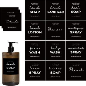 36 PCS Hand Soap Labels مقاومة للماء ، V2Croft Minimalist Farmhouse Soap Labels للزجاجات ، ملصقات الملصقات السوداء لموزع المستحضر ، الشامبو ، المكيف ، صحن الطبق (2.75 × 2.83)