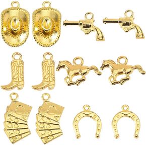 Sunnyclue 1 Box 84pcs 6 Styles Western Cowboy Charms Cowboy Boots Charms Gold Alloy Metal Boots Hats Horses Horseshoe Atique Cowbo