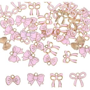 40 PCS مسطح سحر القوس ، سحر رومانسي مينا القوس الوردي ربطة عنق kawaii المعلقات للنساء المجوهرات صنع الأقراط أساور عقد عيد الحب DIY الإمدادات (5 نمط)