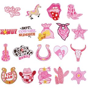 19pcs Western Iron On Patches for Cowgirl, Pink Embroidered Appliques Patches Cowgirl Sew On Patches for Hats Jackets Backpacks Clothing