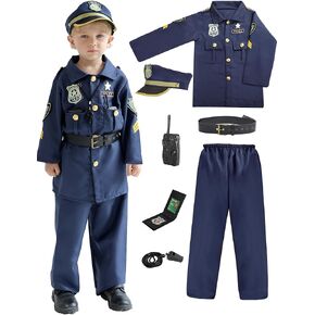 Police Officer Costume for Kids, Cop Toys with Policeman Uniform, Hat, Whistle, Toddler Dress Up for Christmas Party, Boys Girls Birthday Gift