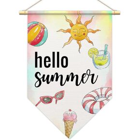Hello Summer Hanging Pennant Flag-Watercolor Sunglasses Ice Cream Painting Hanging Banner-13.8x16 Inches Funny Poster Canvas Banner-Artwork Wall Seasonal Decors & Supplies For Room Home Bedroom-A09