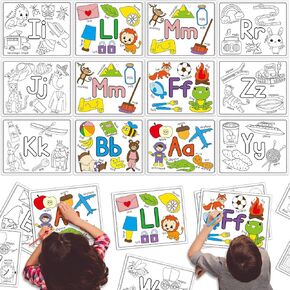 26pcs Alphabet Coloring Poster for Kids Letter Bulletin Board Cards ABC Coloring Book Bulk Sheets Educational Art DIY for Toddlers Wall Classroom Activity Preschool Home School Decoration Supplies