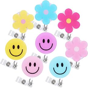 Whaline 8pcs زهرة وابتسامة شارة بكرة مع مقاطع وقابلة للسحب قابلة للسحب ديزي الوجه السعيد معرف الشارة بادج اسم علامة الشارة لمعلمي المستشفى المكتبي لصالح