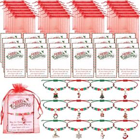 24 مجموعة أساور عيد الميلاد مع بطاقة Wish Card Organza أكياس قابلة للتعديل متعددة الألوان مضفر الأسوار شمع الحبل مع شجرة عيد الميلاد Santa Snowflake للنساء الرجال (الكلاسيكية)
