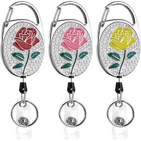 Soleebee Heavy Duty Retractable Carabiner Care ، حامل شارة زهرة بلينج كريستال مع مقطع حزام وخاتم رئيسي لممرضة عامل المكتب ، 3 حزمة (زنبق)
