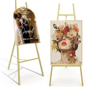 Gold Easel Stand for sign ، عرض المعادن الثقيلة مع سلسلة قابلة للتعديل ، و 4 طبقات من الفنون assel للطلاء ، وعلامة الزفاف ، والملصقات والعرض التجاري