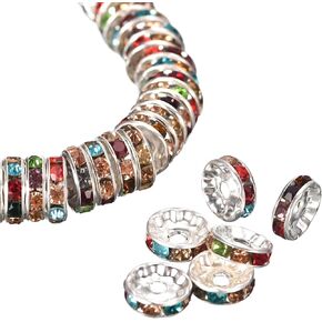 uxcell 200Pcs 8mm Rondelle Spacer Beads, Silver Plated Rhinestone Spacer Beads, Round Spacer Loose Beads for DIY Bracelet Necklace Jewelry Making Supplies, Multicolored
