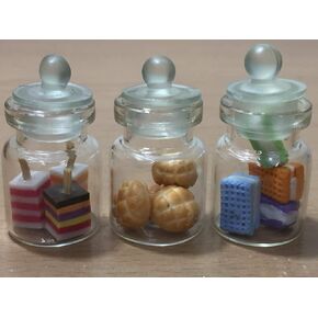 3pc Miniature Food Chocolate Cake Candy Cookie Dollhouse Cake in Clear Glass Mini Bottle Fruit Food #MF083