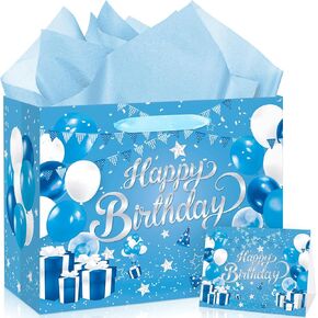 13" Light Blue Birthday Gift Bag Light Blue Gift Bags with Tissue Paper and Card Blue Happy Birthday Bag Light Blue Wrapping Paper Bags Light Blue Birthday Decorations for Boys Birthday Baby Shower Party