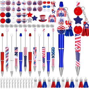 12 Set Independence Day Beadable Pens Plastic Bead Pens Patriotic Bulk Ballpoint DIY Crafting Pens Making Kit with Pendants Lobster Clasps for Students Teens School Office Supplies