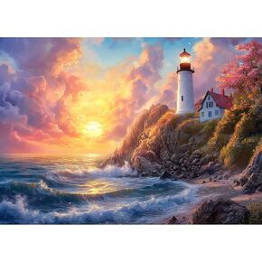 Heibago Lighthouse Diamond Art Kits للبالغين ، 5D الحفر الكاملة جولة الجولة الساحلية الجواهر مع الرسم الماسي غروب الشمس ، نقاط منارة الماس مثالية لديكور الجدار المنزلي 12x16inch