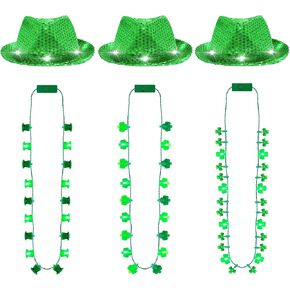 St Patricks Day Accessories, 6 Pack Light up St. Patrick's Day Hat Necklace, Green Saint Patricks Hat Necklace for Adults, Glow Fancy Cap 3D Shamrock Necklace, Flashing St Patricks Parade Party Favors