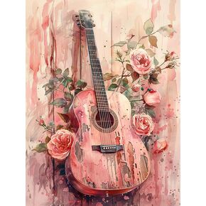 Pavemlo 5D Diamond Art Kits for Adults Guitar, Full Drill Diamond Art Flowers Pictures Paint with Diamonds, DIY Cross Stitch Jewel Art Rhinestone Craft for Home Wall Decor 12x16 inch