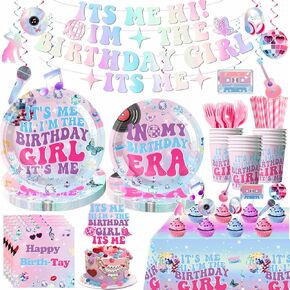 IT ME مرحبًا أنا فتاة عيد ميلادها ، فإن عيد ميلاد ME DRIDATIONS Party Forms Forms Party Party Favors Cake Topper Cupcake Topcake Ploons Plates Cups Forks Straws Fackins Tableloth Dovirls