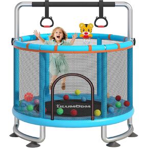 55" Toddler Trampoline for Kids,LILUMUDM Indoor Outdoor Trampoline with Enclosure Net, Adjustable Gymnastics Bars,Basketball Hoop,Mini Baby Trampoline Jumping Mat Birthday Gifts for Children Boy Girl.