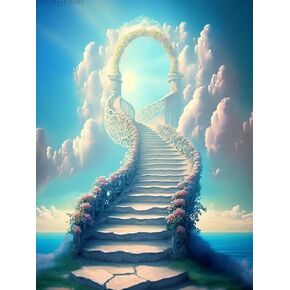 Goldyyyfrog 5d ​​Diamond Painting Kit Stairway to Heaven Round Full Diamond ، DIY Diamond Art Sea Sky Sky White Cloud Claste Rhinestone Cross Stitch Home Office Wall Crafts Decoration 12x16 Inch