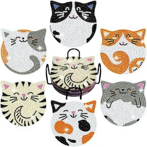 أدوات Lerao Diamond Art Coasters ، الوقايات الماس ، Cat Catasters مع إكسسوارات الرسم الماس ، فن الماس الصغير مع الحرف اليدوية DIY （6pcs）