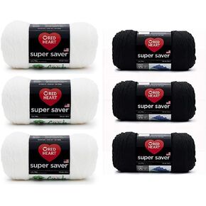 Red Heart Super Saver White and Black Yarn Bundle (3 Pack Each) - Acrylic - 4 Medium (Worsted) - 364 Yards - Knitting/Crochet