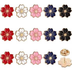 Fingerinspire 15 pcs 5 ألوان أزهار الكرز Badge Brooch 0.6x0.6 بوصة زهر الكرز زهرة الطية صفيرة دبوس دبابيس مينا مينا دبابيس سبيكة الأزهار لطيف مع غطاء الإبرة لزخارف الملابس