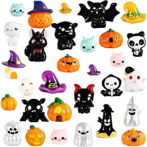 30pcs Mini Halloween Resin Ornaments, Tiny Resin Animals Figures Small Witch Hat Ghost Pumpkin Charms Washable Miniature Halloween Figurines Decorations for Hair Clips Photo Frames