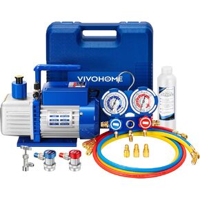 VIVOHOME 110V 1/4 HP 3.5 CFM Single Stage Rotary Vane Air Vacuum Pump and R134a AC Manifold Gauge Set Kit for HVAC Air Conditioning Refrigeration Recharging