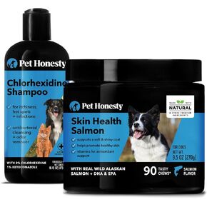 PetHonesty Chlorhexidine Shampoo + Skin Health Salmon Bundle - Itch Relief, Shiny Dog Coat, Dog Shampoo for Allergies, 100% Natural Fish Oil with Omega3s, Reduce Shedding, Healthy Skin & Coat