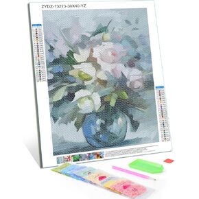 TUTUMAY21 Roses in Blue Vase Abstract Painting Style Diamond Painting Kits, Flower Diamond Painting, Full Round Diamond Art Kits for Home Wall Decor 12x16inch