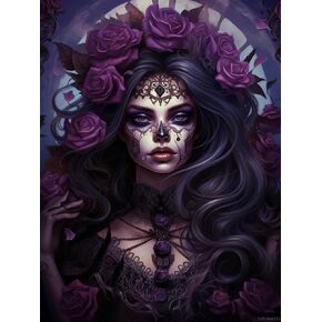 TUTUMAY21 DIY Diamond Art Painting Kits for Adults Black and Purple Sugar Skull Girl Round Full Drill Canvas Gems Cross Stitch Art Kit 5D Painting by Diamond Mosaic Craft for Halloween 12x16inch