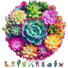 Wooden Puzzles for Adults, Unique Shaped Wood Puzzle, Mandala Succulent Puzzles, Plant Jigsaw Puzzle, Family Games for Kids and Adults, 200 Piece 11.14" x 10.7"