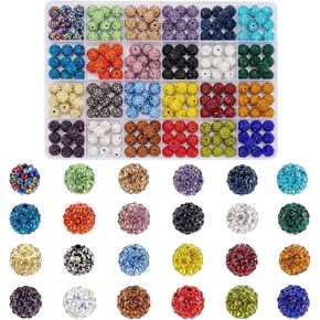PH PandaHall 240pcs Rhinestone Beads 24 Colors 10mm Crystal Beads Pave Disco Ball Beads Polymer Clay Diamond Beads Round Beads for Pen Bracelet Necklace Earring Jewelry Making Decoration