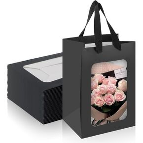 Bakbania 24 Pack Paper Gift Bags with Window,9.8 x 7.1 x 5.1 Inch Kraft Shopping Bags with Handle,Paper Bouquet Gift Bag for Birthday, Weddings, Festival Party(Black)