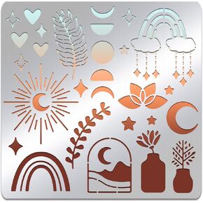 BENECREAT Boho Moon Phase Stainless Steel Stencils, 6x6 inch Reusable Painting Template for Painting, Wood Burning, Journaling