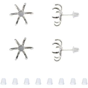 DICOSMETIC 2 Pairs 925 Sterling Silver Prong Earring Settings 6 Claws Earring Blank Stud 11mm Claw Earring Post Bezel Earring Snap Set for DIY Stud Earrings Jewelry Making