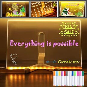 Acrylic Dry Erase Board with 13 Color Pens, 11.8 X 7.9" Clear LED Note Board with Adjustable Stand, Rewritable Glow Message Board for Drawing, Reminding, Kid and Adult
