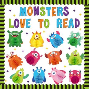 JarThenaAMCS 107Pcs Halloween Bulletin Board Decoration Set Monsters Love to Read Cut-Outs Little Monster Party Honeycomb Balls Border Trims for Chalkboard Wall Reading Room Decor