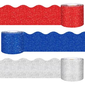 Whaline 196.9ft Patriotic Bulletin Board Borders 3 Rolls Red Blue Silver Die-Cut Bulletin Board Stripes Colorful Rolled Bulletin Board Trim for 4th of July School Classroom Office Chalkboard Decor
