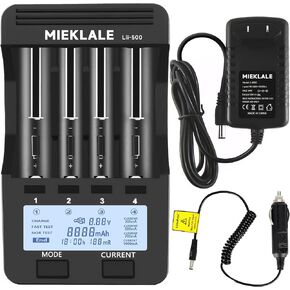18650 Battery Charger,MIEKLALE Smart Universal Charger LCD Display Quick Charge Included Adapter and Car Power Cords for Li-ion(IMR/ICR) Ni-MH/Cd AA AAA 18650 21700 26650 18350 14500 RCR123
