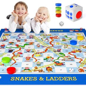 لعبة Big Snakes and Ladders Game للأطفال البالغين - مجموعة ألعاب داخلية في الهواء الطلق مع حصيرة 70 بوصة ، ونزاعات قابلة للنفخ ، وقطع الشطرنج والنرد ، وهدية عيد ميلاد تعليمية للبنين الذين تتراوح أعمارهم بين 3 وما فوق