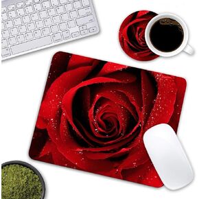 Mouse Pad and Coasters Set, Red Rose Mouse Pad, Non-Slip Rubber Base Rectangle Mouse Pads for Laptop and Computer Office Accessories