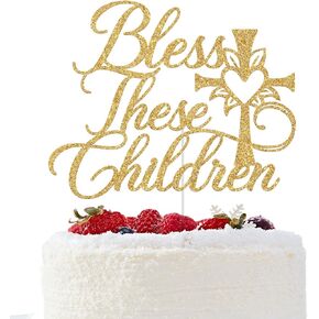 Bless These Children Cake Topper, God Bless This Child, Religious Baptism Christening Baby Shower 1st Birthday Party Decorations Gold Glitter