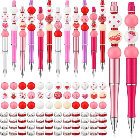 Crtiin 24 Pcs Beadable Pens Plastic Bead Ballpoint Black Ink with 72 Wooden Beads 72 Crystal Assorted Pens for DIY Gift School Office(Fresh Style) in Saudi Arabia